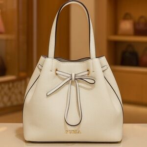 FURLA Costanza White Pebbled Leather LARGE Bucket Drawstring Tote/Shoulder Bag